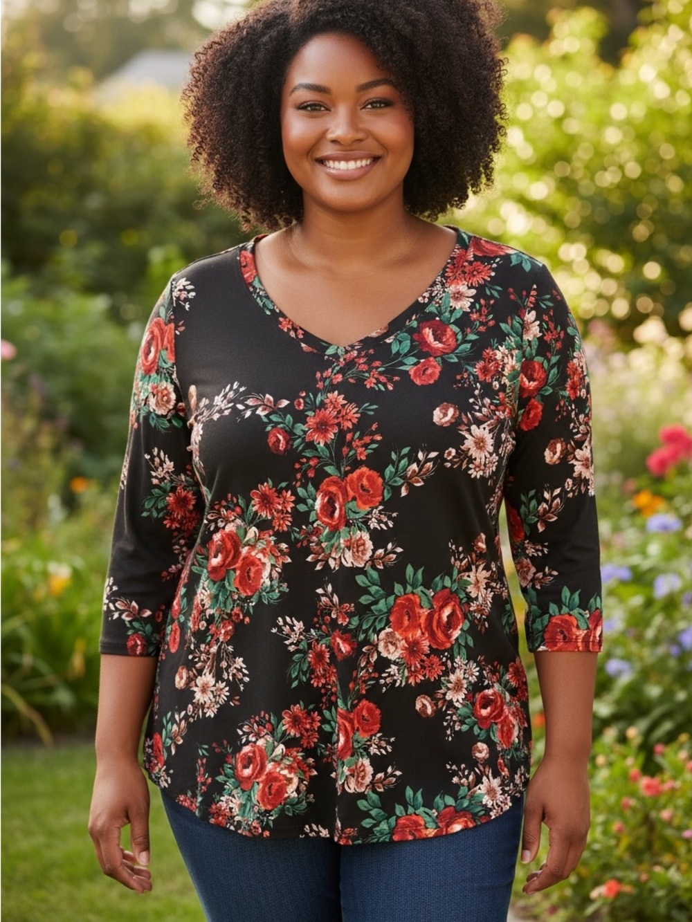 The Pioneer Woman Black V-Neck Long Sleeve Floral Top